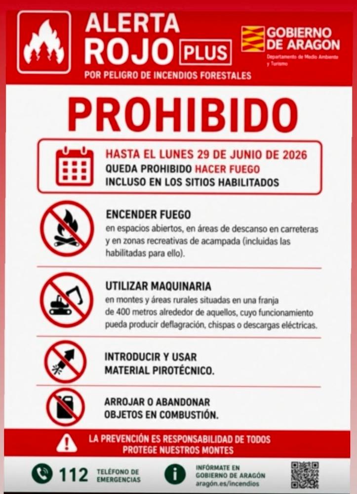 Imagen Declarado el NIVEL DE ALERTA ROJO PLUS de alerta por riesgo de incendios forestales en Aragón